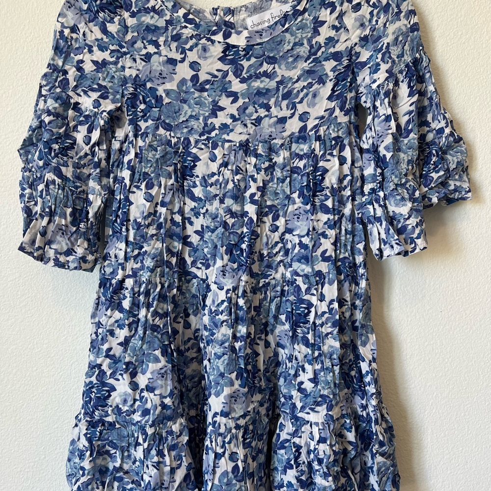 Chasing Fireflies Blue and White Pleated Sundress with Puff Sleeves Girls Medium